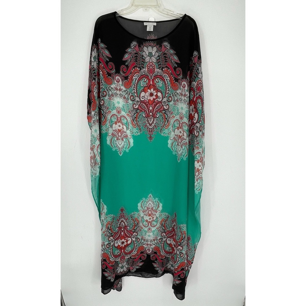 New York & Company Women's Green Paisley Sheer Caftan One Size